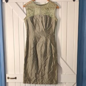 Green Silk Midi Dress with Sheer Embroidered Yoke